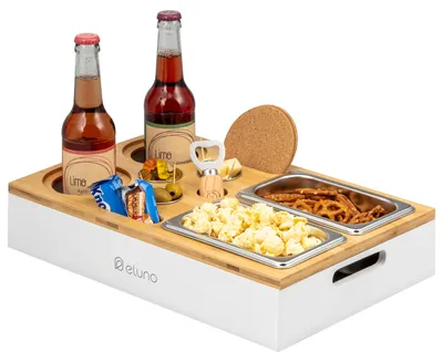 Productafbeelding van eluno Couchbar, serveerblad, bankblad van bamboe met roestvrijstalen snackkommetjes inclusief bekerhouder, wit