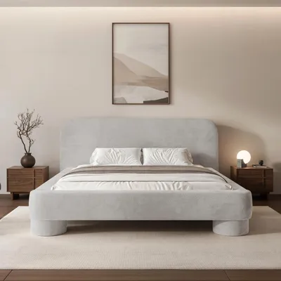 Productafbeelding van Gestoffeerd bed Frederico 140x200 cm, lichtgrijs chenille – Tweepersoonsbed met opbergruimte, lattenbodem en rond hoofdeinde