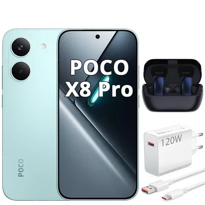 Immagine prodotto di Smartphone XIAOMI POCO X8 Pro 5G, 12GB di RAM, 512GB di memoria, colore verde, batteria da 6500mAh, display a 120Hz, con caricabatterie da 120W e cuffie