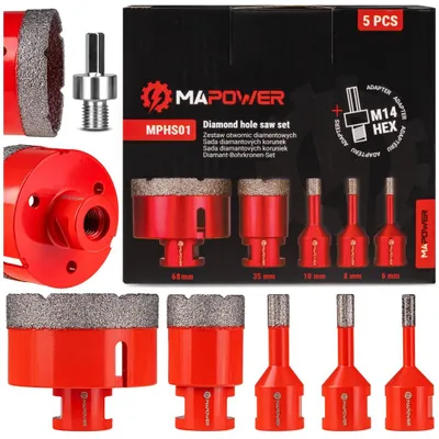 Zdjęcie produktu dla Zestaw otwornic diamentowych MAPOWER 6–68 mm M14 do gresu i ceramiki
