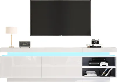 Produktbild von TV-Schrank mit LED-Beleuchtung TV-Tisch TV-Ständer Lowboard Hochglanz TV-Schranktisch für 75-Zoll-TVs Weiß