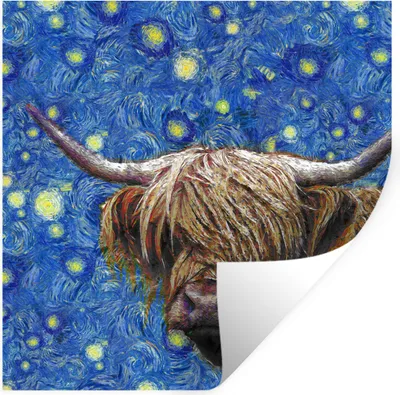 Produktbild von MuchoWow® Wandtattoo Wandsticker Wandaufkleber Van Gogh - Sternennacht - Schottischer Highlander 30x30 cm Selbstklebend und Repositionierbar - Repositionierbar - Wasser abweisend