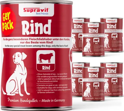Produktbild von Supravit Hundenassfutter mit Rind 6 x 820g Dosen | Nassfutter getreidefrei mit hohem Fleischanteil für Hunde