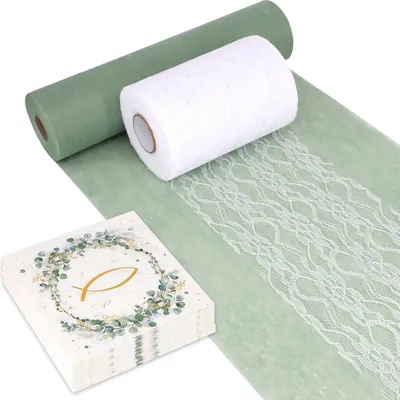 Produktbild von Tischläufer Set in Eukalyptusgrün und Weiß mit 100 Servietten für die Erstkommunion, Vlies Tischläufer (30 cm x 25 m) und Spitzenband (15 cm x 25 m), 2 Rollen Tischband für Hochzeits-, Tauf- und Kommuniondekoration