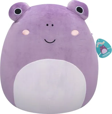 A plush toy frog is shown against a white background.