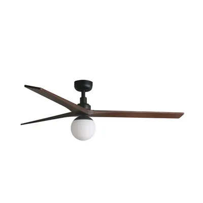 A modern ceiling fan with dark wood-colored blades and a black motor housing, featuring a white globe light fixture.