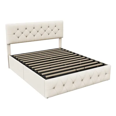 Produktbild von Bett mit Stauraum, 160 x 200 cm, Bettgestell mit Kopfteil und Lattenrost, Samt, Beige