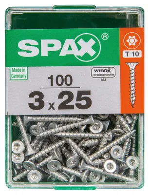 Produktbild von Packung mit 100 Spax Flachkopf-Stahlschrauben, 3 mm Durchmesser x 25 mm Länge