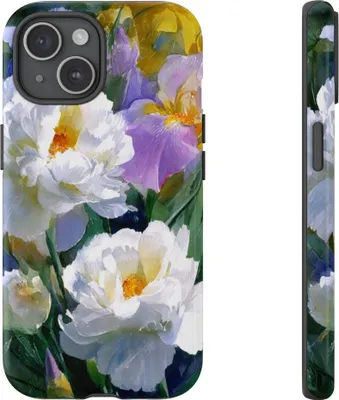Produktbild von Weiße Pfingstrosen und Flieder-Iris – Hülle Kompatibel mit iPhone 15