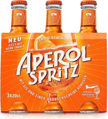 A six-pack of Aperol Spritz bottles in their cardboard packaging.