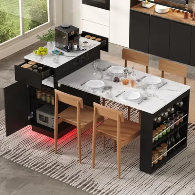 Immagine prodotto di Isola da cucina MODFU con ruote, tavolo estendibile 109 cm, tavolo multifunzionale con illuminazione LED, porte USB/Type-C, spazio contenitivo e cassetti, finitura effetto marmo bianco e effetto legno nero
