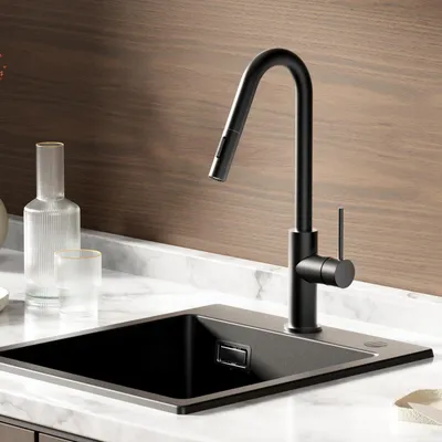 Produktbild von Cecipa Küchenarmatur Schwarz Edelstahl, Wasserhahn Küche Ausziehbar 360° Drehbar, Spültischarmatur mit Brause, 2 Strahlarten, DVGW, Hochdruck