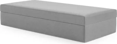 A gray upholstered storage ottoman or bench.