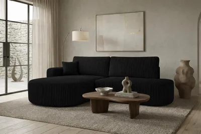 Image de Canapé d'angle avec fonction couchage et coffre de rangement, velours côtelé Tilia, noir, configuration ? gauche, ROUND ONE OPEN XL