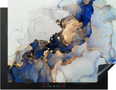Produktbild von KitchenYeah© Herdabdeckplatte Marmor - Blau - Gold , 77x59cm, Küche Deko, Glaskeramikkochfeld Herdabdeckung, Abdeckplatte fùr Kochfeld