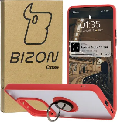 Produktbild von Bizon Case Hybrid Ring Fingerringhülle für Xiaomi Redmi Note 14 5G, Rauch mit rotem Rahmen