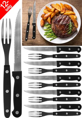 Produktbild von 12-teiliges steakmesser set, steakbesteck, 6 personen, Edelstahl, 6 Traditionelle Steakmesser, 6 Steakgabeln, messer und gabel, Pizzabesteck