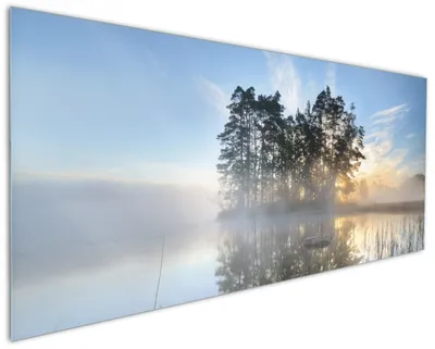 Produktbild von Wallario Küchenrückwand aus Glas, Größe: 125 x 50 cm, Motiv: Stiller See mit Insel im Morgennebel | Spritzschutz | abwischbar | pflegeleicht | in