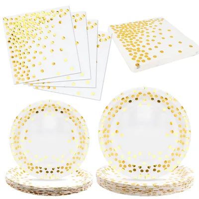 Wegwerpbordenset 20 Gäste, Papier, goldene Punkte, 18,5/23 cm, 60 Teile