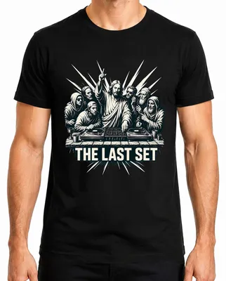 Obrázok produktu pre THE LAST SET – Tričko s potlačou „Jesus DJ Abendmahl Techno Party“, čierna farba, veľkosť M