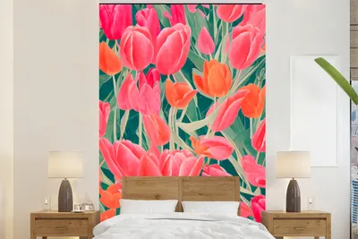 Produktbild von MuchoWow® Fototapete für Wohnzimmer oder Schlafzimmer Wandtapete Vinyl Motivtapete Tulpen - Blumen - Rosa - Rot - Kunst - 145x220 cm - Wanddekoration