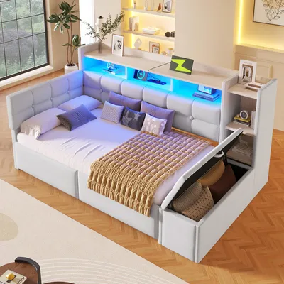 Produktbild von okwish Tagesbett 90×190 Jugendbett ohne Matratze mit USB- und Typ-C-Anschlüssen,Schlafsofa mit Stauraumbank und Ablagefach,Daybett mit LED-Lichtleiste und Schubladen,Weiß