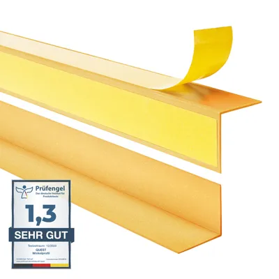 Two L-shaped profiles, one with a yellow peel-off backing strip, and a certification badge.