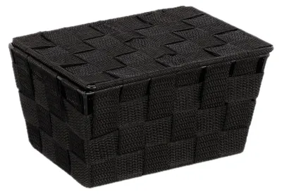 Produktbild von Relaxdays Aufbewahrungskorb mit Deckel, Flechtoptik, Bad Organizer HxBxT: 10,5 x 19,5 x 14,5 cm, Kunststoff, schwarz