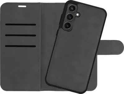 A black flip case for a smartphone is shown open, with the phone inside the case. The case has card slots on the inside flap.