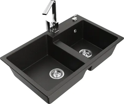 Produktbild von Mexen Tomas 2-Becken-Granitspüle mit Mischbatterie Rita, Schwarz/Gold metallisch - 6516-75-670300-00