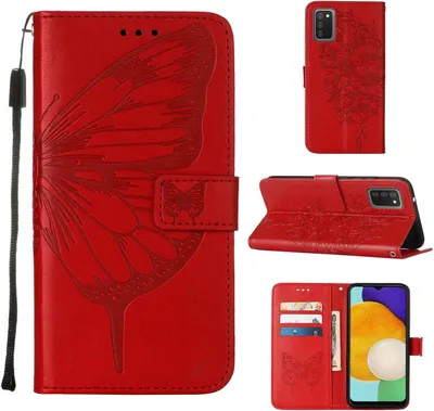 Produktbild von Galaxy A03S Hülle, Schmetterling Prägung Flip Leder Kartenfächer Schutzhülle Ledertasche mit Ständer für Samsung Galaxy A03S Rot