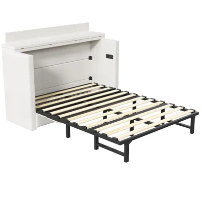 Produktbild von Flieks Schrankbett 140x200cm mit USB- und Typ-C-Anschlüssen, Doppelbett Jugendbett mit Schublade, Funktionsbett Daybed Leinen, Weiß