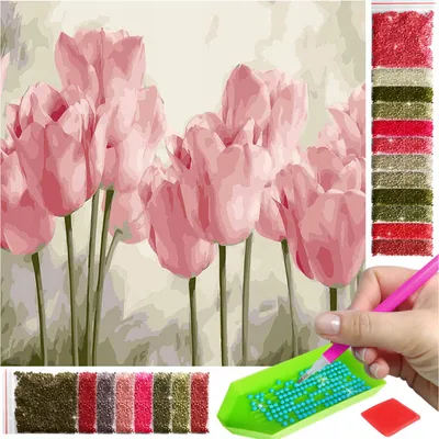 Produktbild von ARTULIO - Diamond Painting Set - Rosa Tulpen auf hellem Hintergrund - 30 x 30 cm - Bilder DIY, Crystal Art