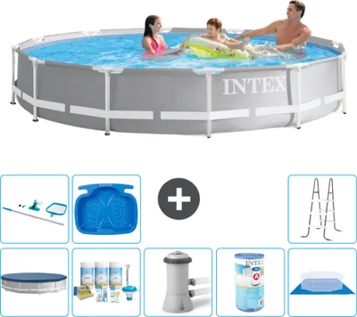 Produktbild von Intex Pool mit rundem Prismenrahmen – 366 x 76 cm – Grau – im Lieferumfang enthalten Abdeckung - Wartungspaket - Filterpumpe für Schwimmbad - Filter - Bodenplane - Reinigungskit
