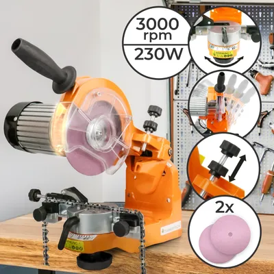 A chainsaw sharpener is shown on a wooden workbench with a pegboard in the background displaying tools.