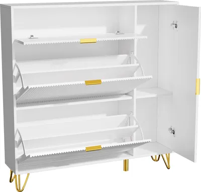 Image de Fortuna Lai Armoire à chaussures modulaire en MDF avec pieds métalliques dorés, étagères réglables et rangement pratique, blanc