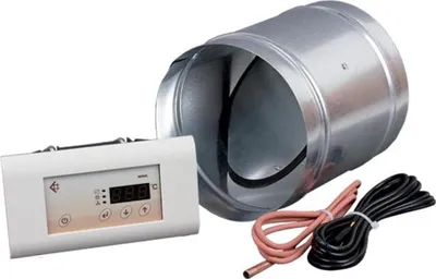 A digital thermostat control panel, a metal ventilation duct, and two cables are arranged on a white background.