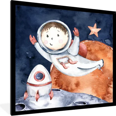 Produktbild von MuchoWow® Gerahmtes Poster Weltraum - Mond - Rakete - Jungen - Mädchen - Kinder 40x40 cm - Poster mit Schwarzem Bilderrahmen Wandposter Rahmen Foto Bilder - Mit Rahmen - Wanddekoration Schlafzimmer