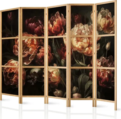 Obrázek produktu pro Japonský paraván Květiny 225x172 cm 5dílný hnědý
