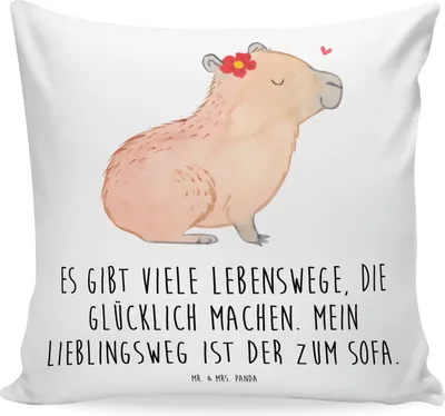 Produktbild von Mr. & Mrs. Panda Kissen 40x40 Capybara Blume - Weiß - Geschenk, kuschelkissen, Tiermotive, Dekokissen, Deko, Sofakissen, bedruckt