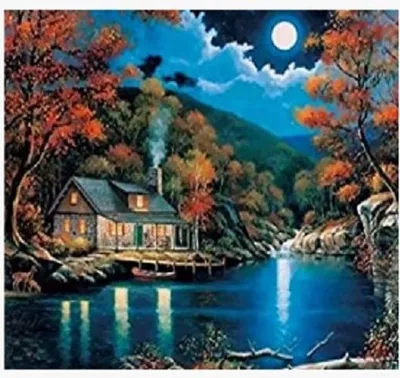 Zdjęcie produktu dla Mozaika diamentowa Domek nad jeziorem nocą 30x40 cm Kreatywne diamenty