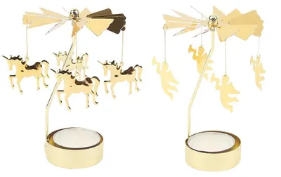 Produktbild von XFSRG 2 Stück Teelichtkarussell mit Hängefiguren Teelicht Karussell Karussellkerzenhalter Drehbarer Kerzenhalter Teelichthalter Karussell für Weihnachten Winter Dekoration (Gold)