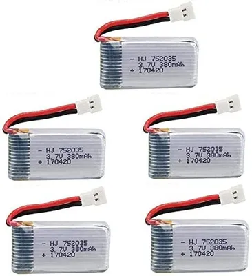 Zdjęcie produktu dla Zestaw 5 akumulatorów LiPo 3.7V 380mAh | Kompatybilny z Hubsan X4 H107c H107d H107L | Długi czas działania i wysoka wydajność, srebrny | 38x20x7,5 mm