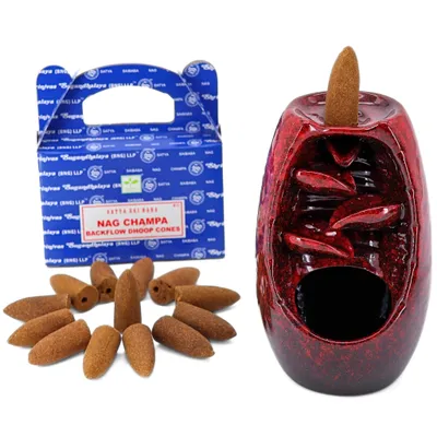 Produktbild von Rückfluss Räucherkegel Starter Set, Wasserfall Effekt, Weihrauchbrenner mit Rückflusskegel Satya Nag Champa (Starter Set Rot)