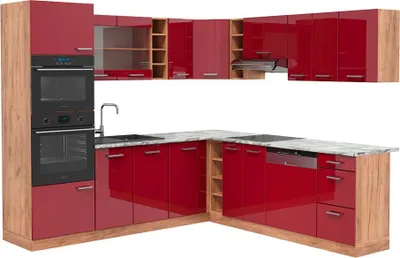 Produktbild von Eckküche Vicco R-Line Rot Hochglanz/Goldkraft Eiche 247 x 60 cm , AP Marmor, Model 43329