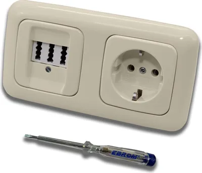 Produktbild von Busch Jäger Set: Unterputz Telefondose von EBROM, TAE 3x6 NFN für 1 Telefon und 2 Zusatzgeräte in DURO2000 cremeweiß, Rahmen und Steckdose 20EUC-212 + EBROM Phasenprüfer zur Montage der Geräte