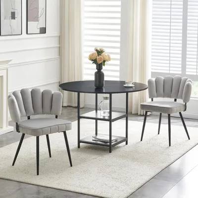 Immagine prodotto di Set tavolo e sedie, tavolo rotondo da pranzo di 107 cm di diametro, con doppio ripiano, 2 sedie rivestite in tessuto (colore nero, grigio chiaro)