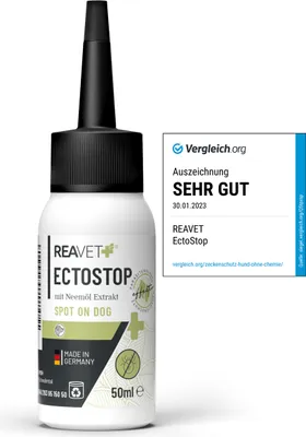 Produktbild von REAVET EctoStop Spot On Hund 50ml – Flohmittel Hund & Zeckenmittel mit Neemöl Extrakt – Effektiv gegen Ektoparasiten, Zecken, Flöhen, Milben