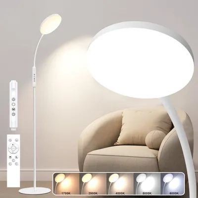 A white LED floor lamp with a large circular light head is shown next to a beige armchair. Several smaller images at the bottom display different color temperatures of the light.