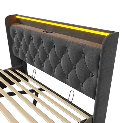 Produktbild von Flieks Polsterbett 140x190cm mit Ladefunktion (USB&Typ-c), Jugendbett Doppelbett Stauraumbett mit LED, Hydraulisches Boxspringbett, Leinen, Grau